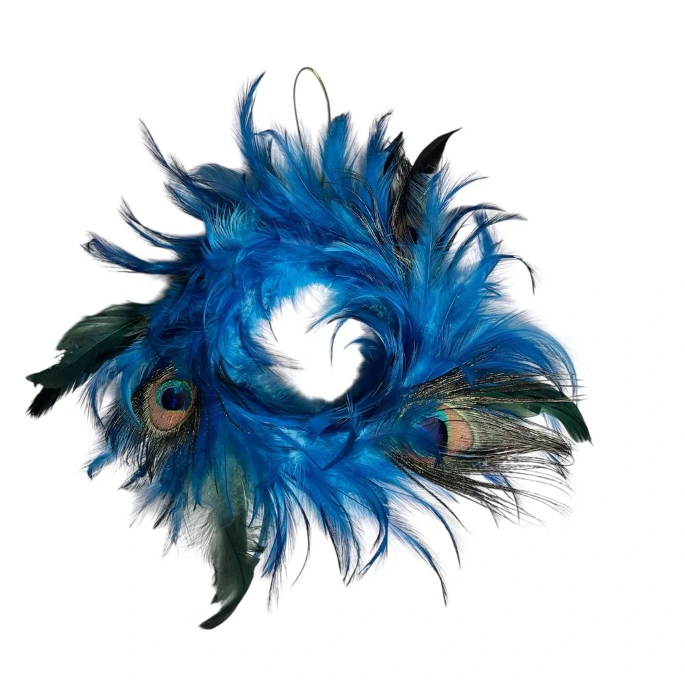 Handmade small blue peacock feather wreath or Christmas ornament